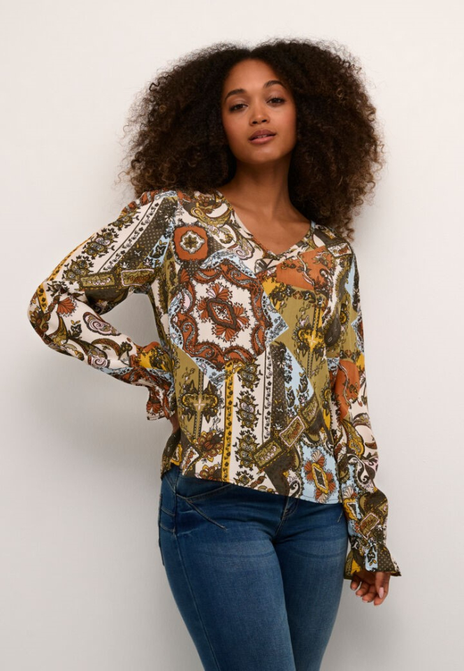 Blouse encolure en V patchwork - CR10612034 - Cream