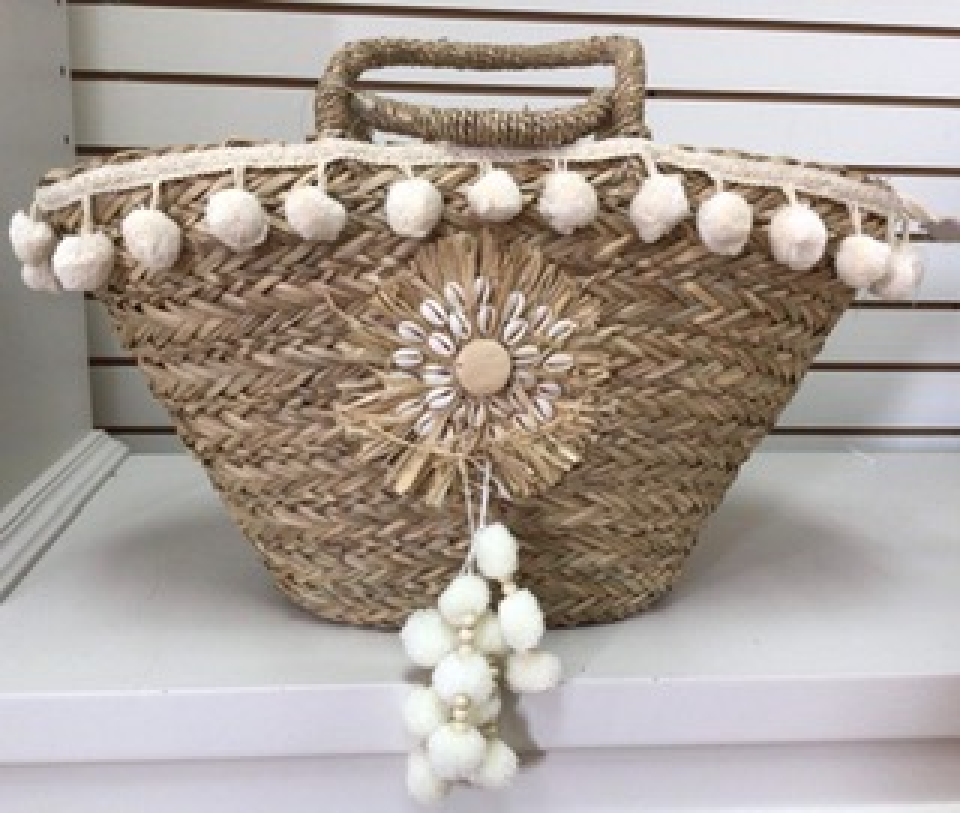 Sac de paille tissé / avec pompons - 10099 - Fantaisie