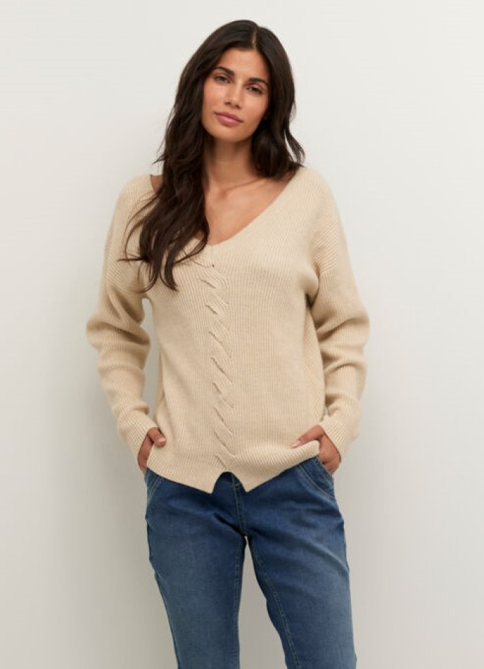 Chandail col V côtelé et torsadé / Cream - CR10610275 - Cream